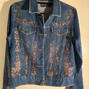 Adrienne Landau Blue Denim Jacket with Floral Embroidery